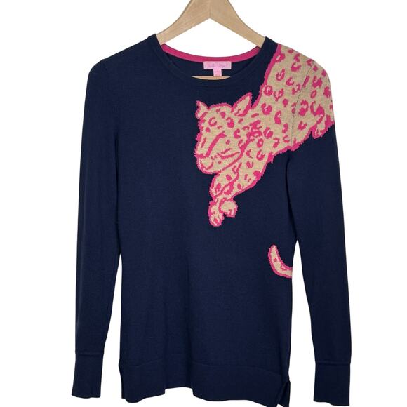 Lilly Pulitzer Size Small Wool Blend True Navy Cheetah Intarsia Charter Sweater - Picture 1 of 8